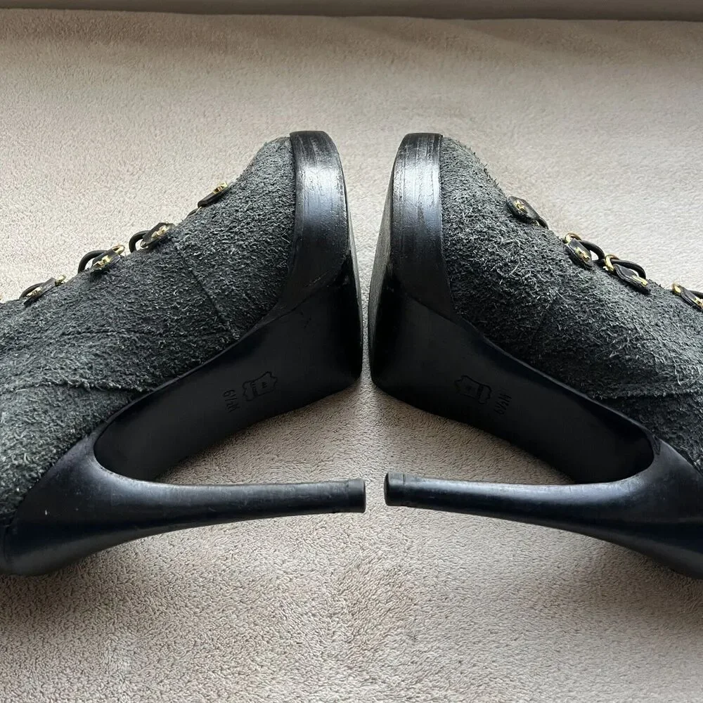 Tory Burch Hamila Dark Gray Distressed Suede Lace Up High Heel Booties Women 6.5